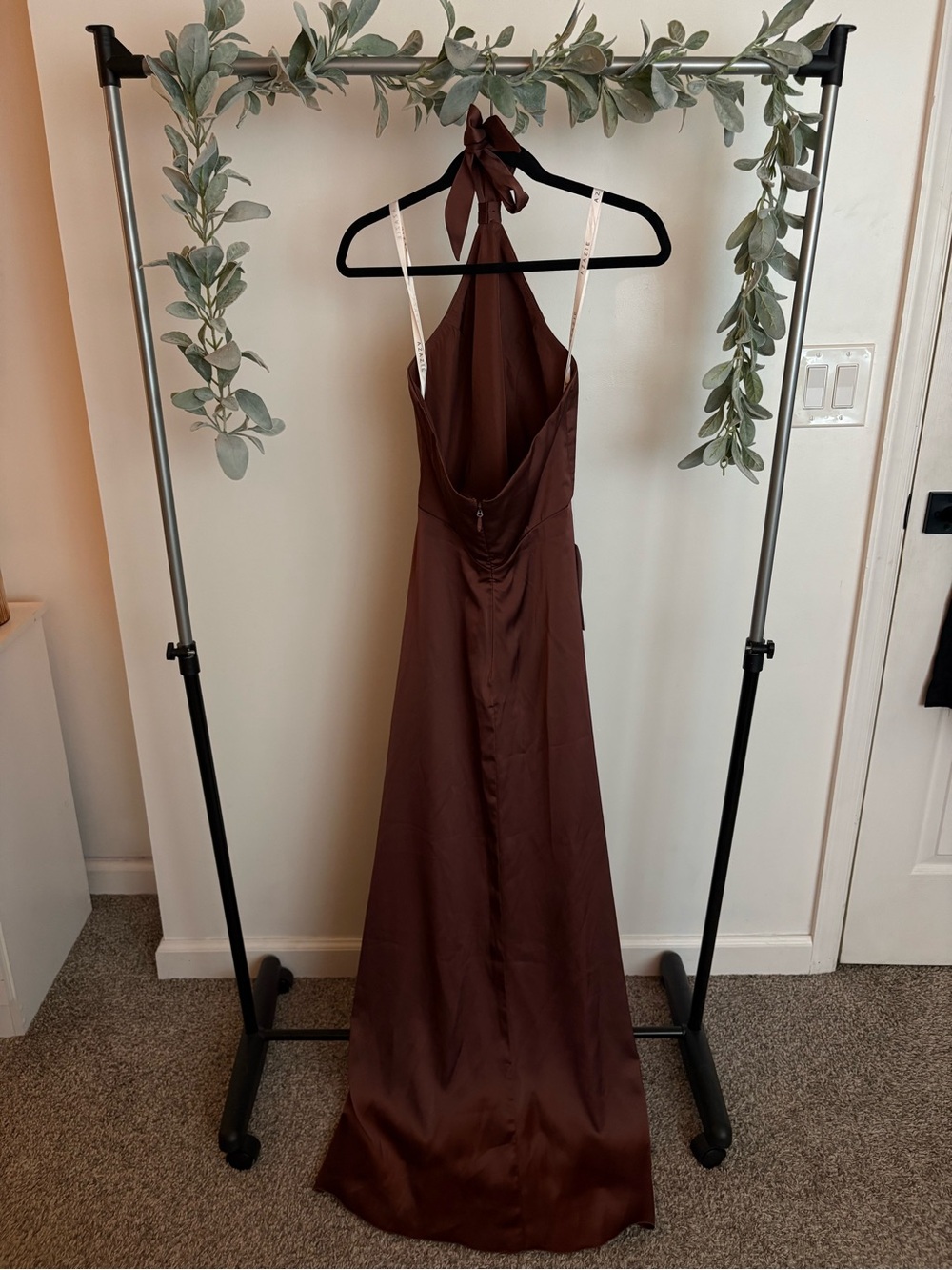 Azazie Espresso Sheath Side Slit Stretch Satin Dress - Picture 6 of 11